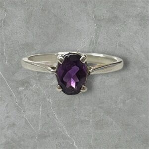 Platinum over925 Silver Oval Cut Amethyst Solitaire Ring - Size 6.25